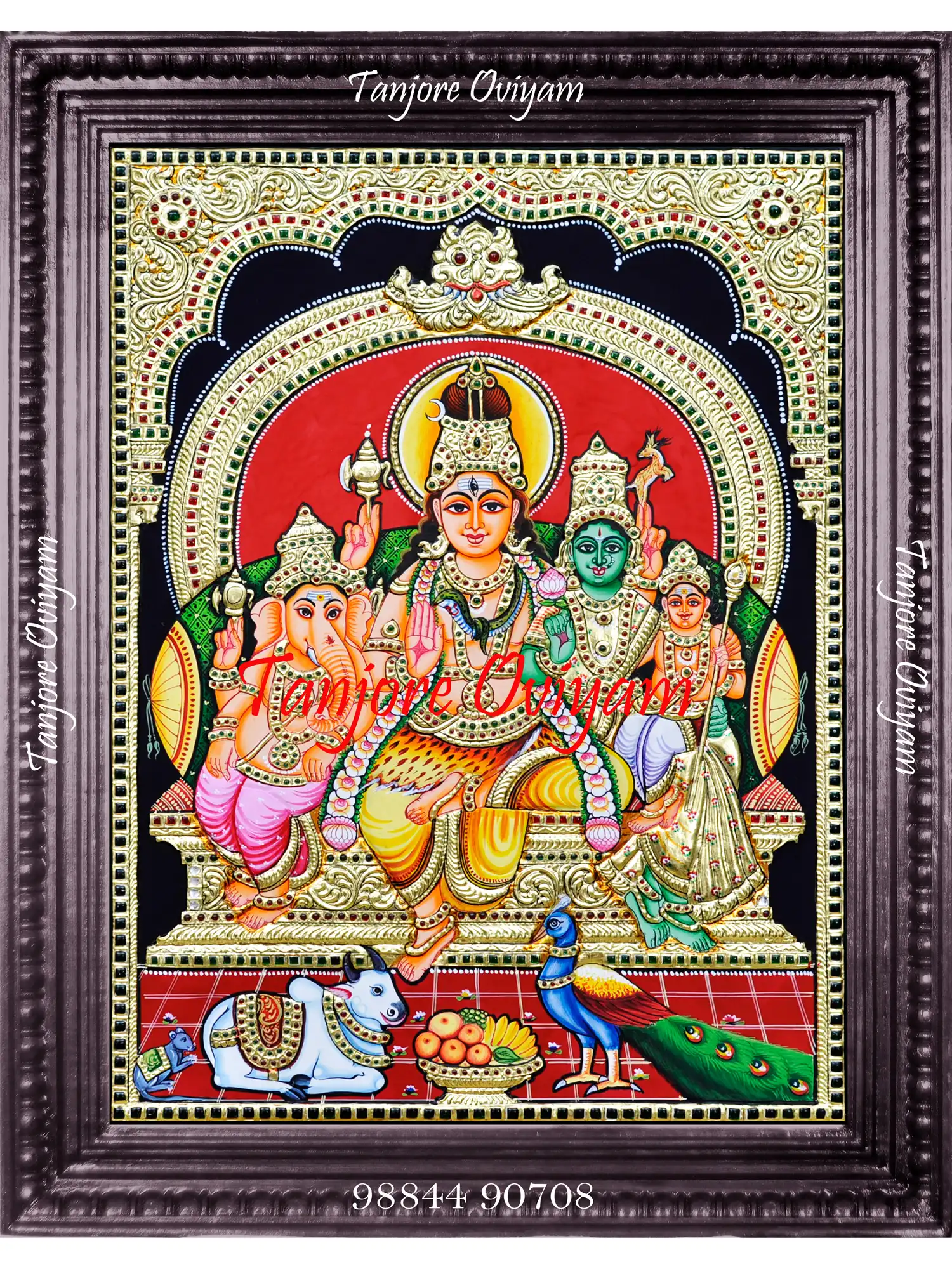 Shiva Family Tanjore Painting with Lord Shiva, Parvati, Ganesha, and Murugan